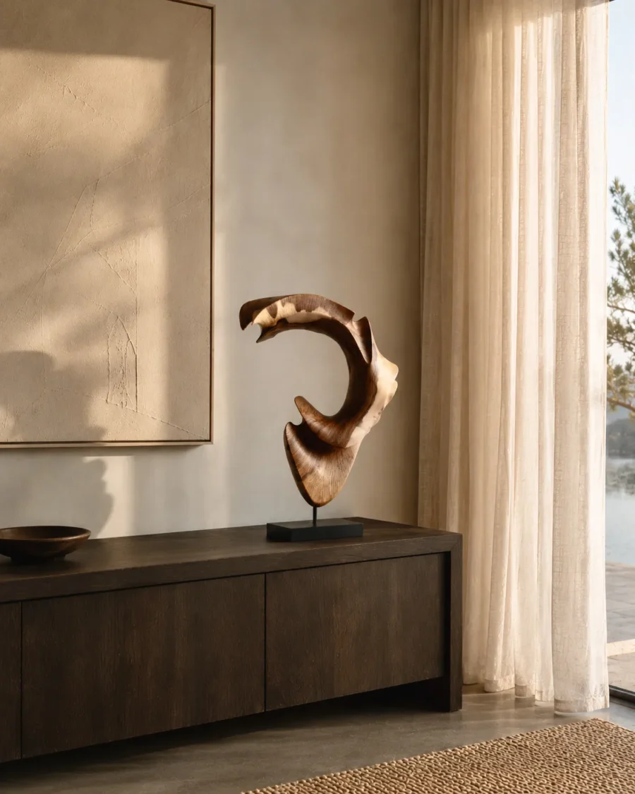 quiet-arc-walnut-wood-sculpture-ewebohome-ewelina-glowacz 2 walnut wood sculpture in minimalist modern intreior i natural light in front of window
