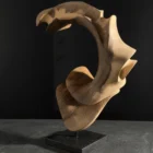 quiet-arc-walnut-wood-sculpture-main-ewebohome Hand carved walnut wood sculpture "Quiet Arc" on black background, abstract organic form with flowing curves and light shadow contrast