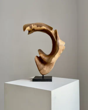 quiet-arc-walnut-wood-sculpture-main-ewebohome-ewelina-glowacz Hand carved walnut wood sculpture "Quiet Arc" on light background, abstract organic form with flowing curves and light shadow contrast