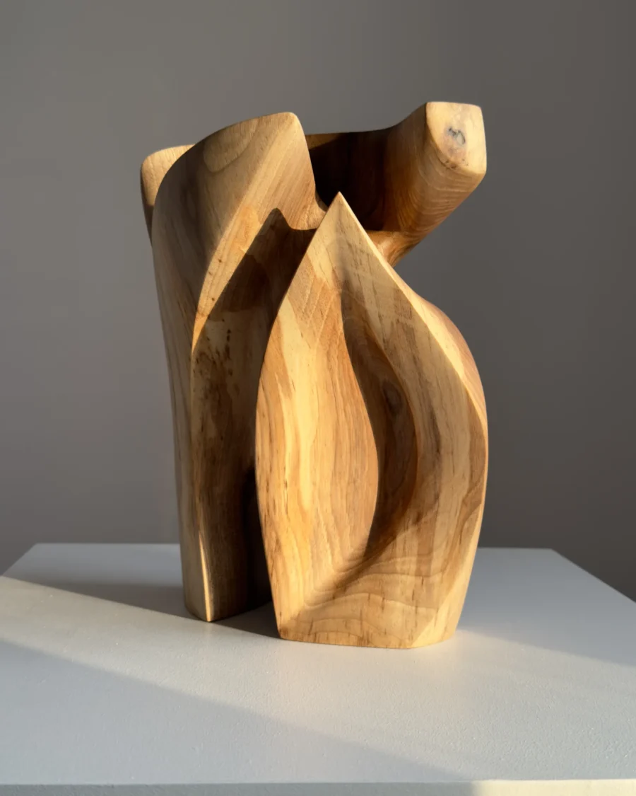 Abstract wooden sculpture Quiet Endurance illuminated by warm natural sunlight