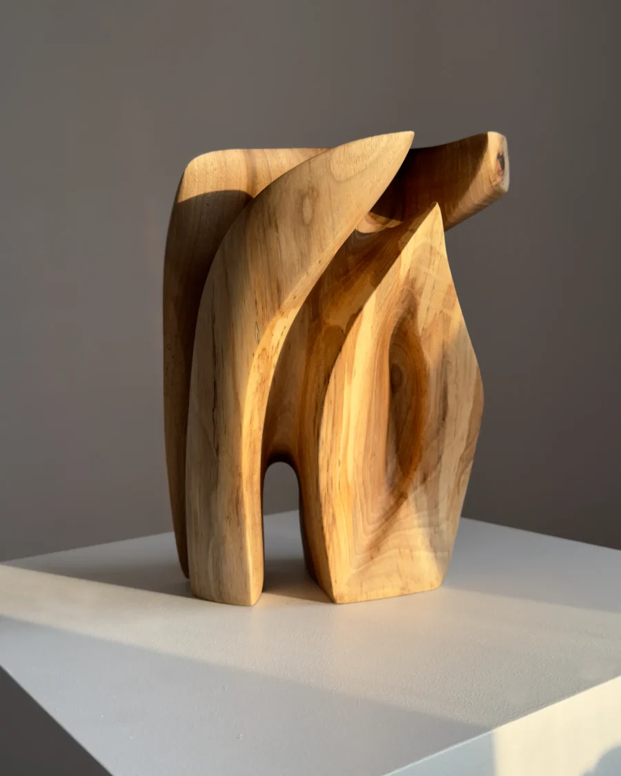 Quiet Endurance hand carved walnut wood sculpture viewed from the front in natural sunlight