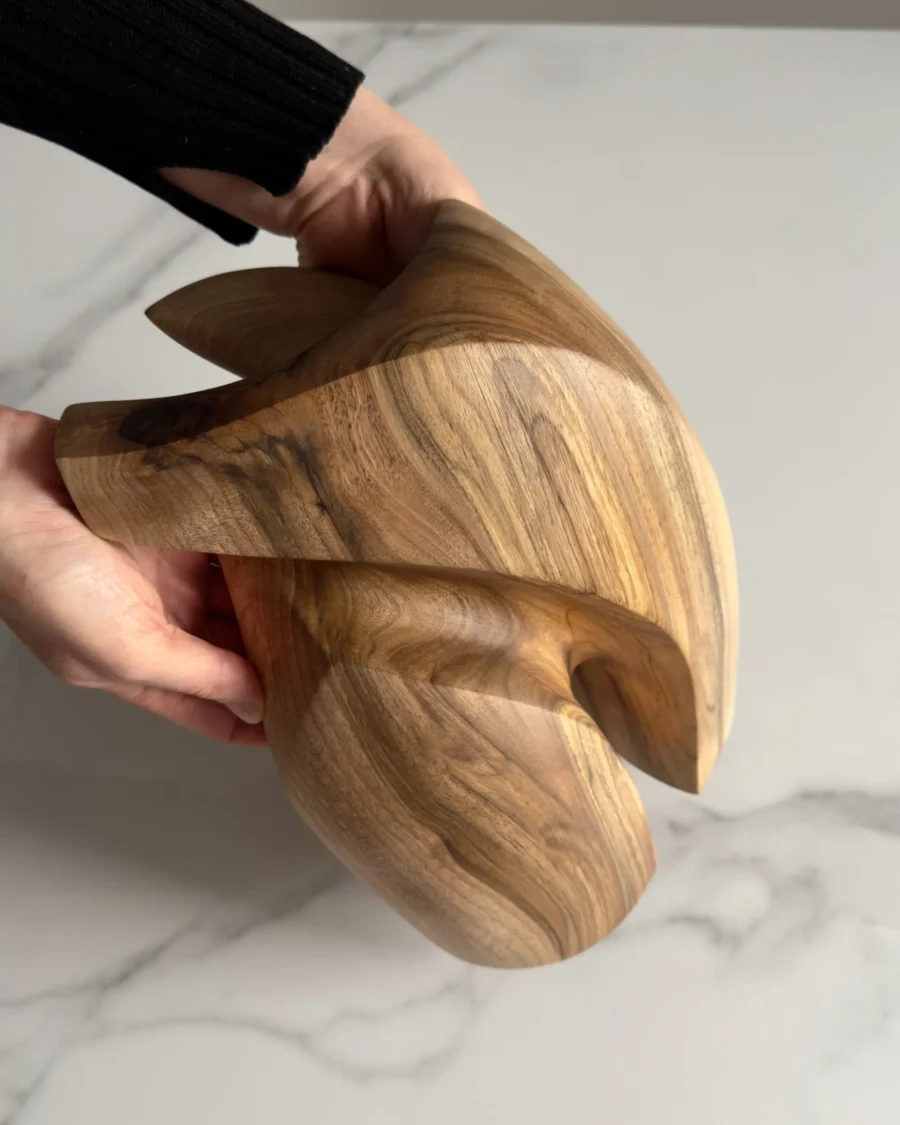 Top view of Quiet Endurance walnut sculpture revealing organic carved curves