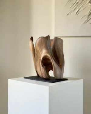 rebirth-abstract-wood-sculpture-walnut-ewebohome Hand-carved walnut wood sculpture “Rebirth” mounted on a natural slate base, showing an open hollow form.