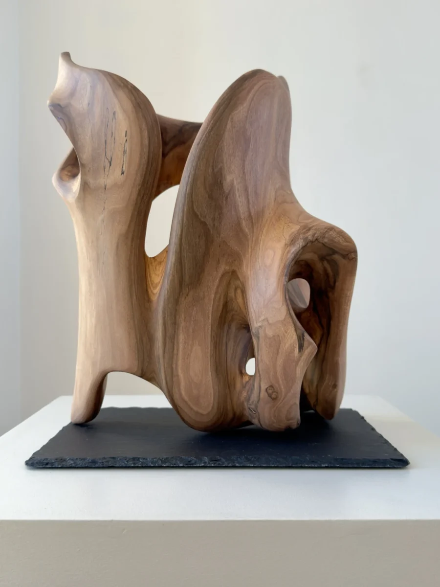 rebirth-sculpture-light-shadow-ewebohome Hand-carved walnut wood sculpture “Rebirth” mounted on a natural slate base