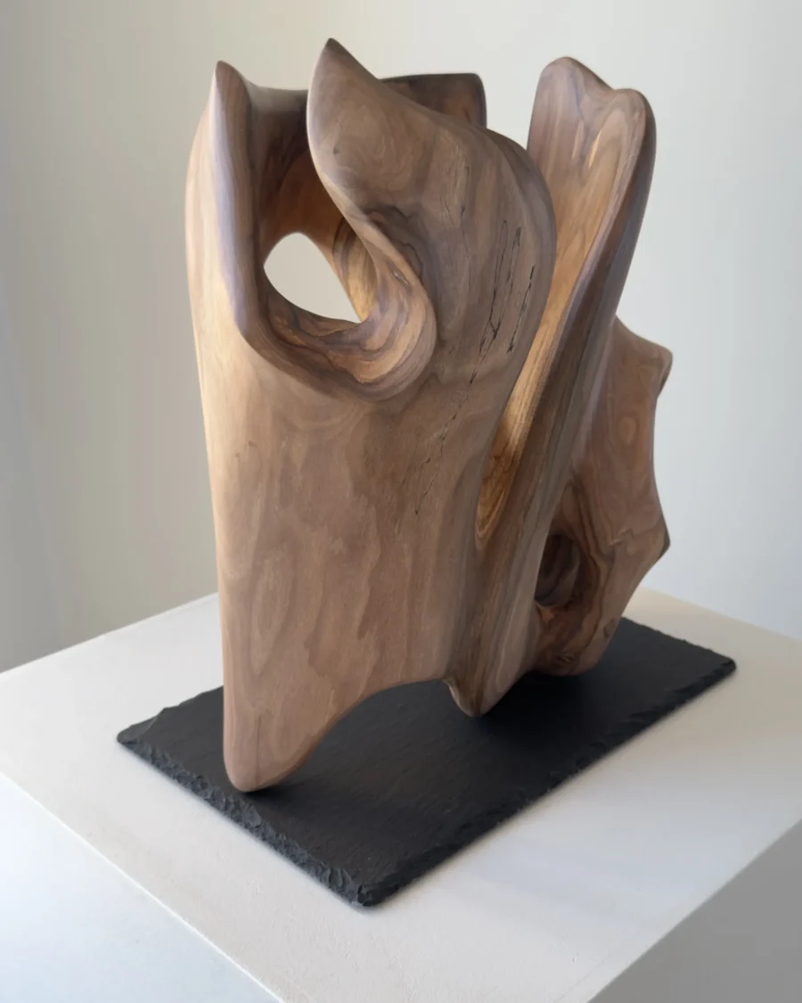 rebirth-wood-sculpture-back- iew-ewebohome Side view of a walnut sculpture on a raw stone base, highlighting contrast between wood and slate, white pedestal