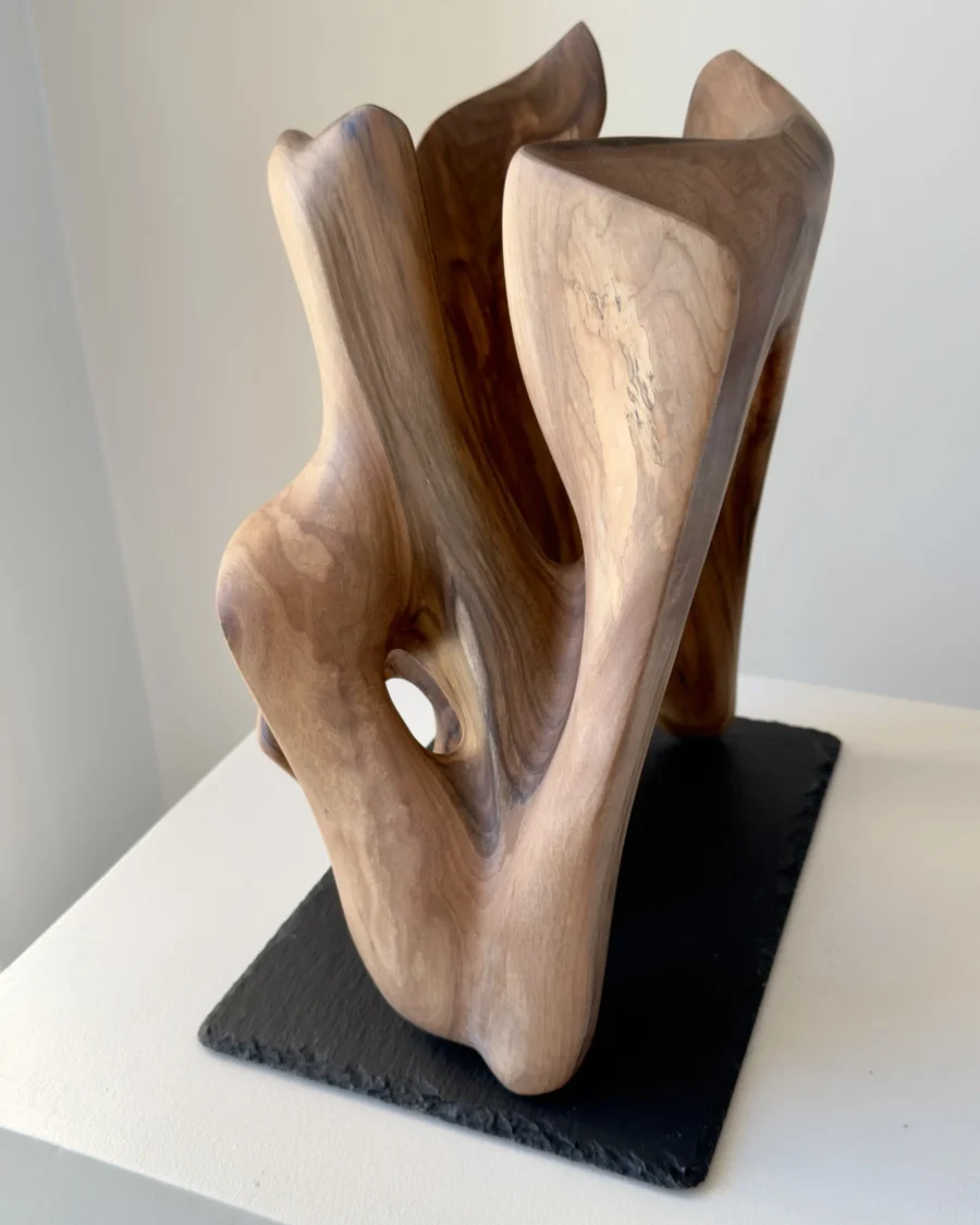 rebirth-wood-sculpture-slate-base-ewebohome Abstract sculpture with light passing through a hollow interior, creating shadow and depth.