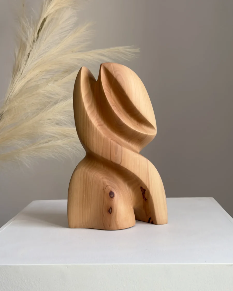 abstract pear wood sculpture Seed Form with soft decorative background
