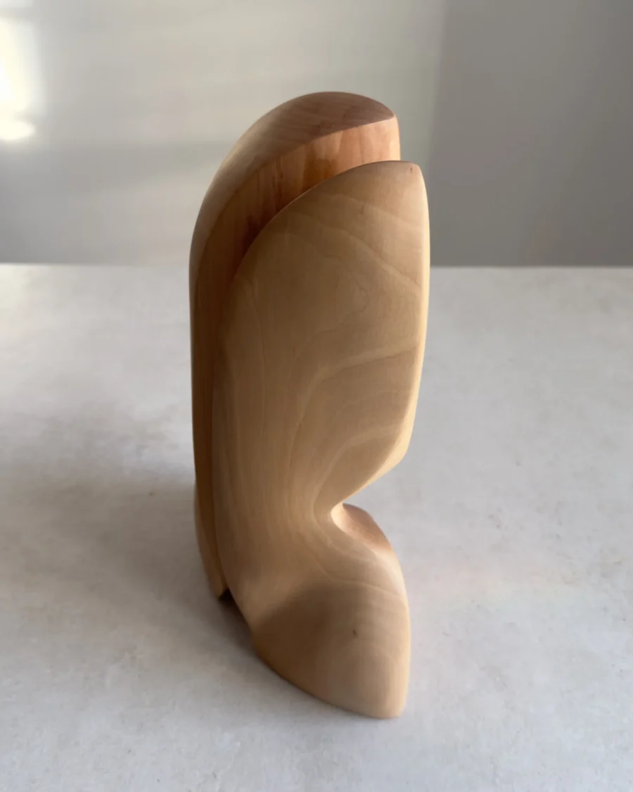 side profile of abstract wooden sculpture showing curved division