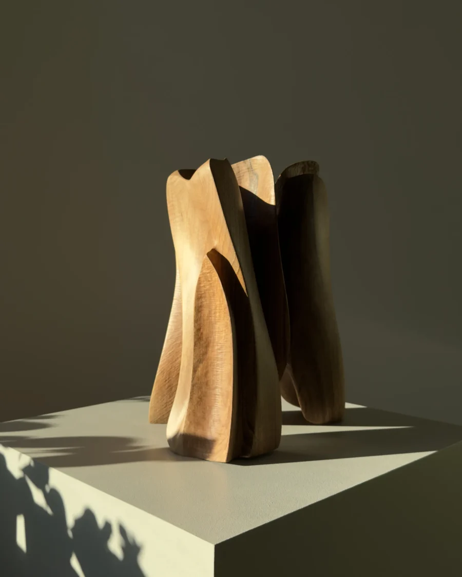 threefold-balance-walnut-sculpture-light-shadow Abstract walnut wood sculpture styled for Japandi and modern organic interiors