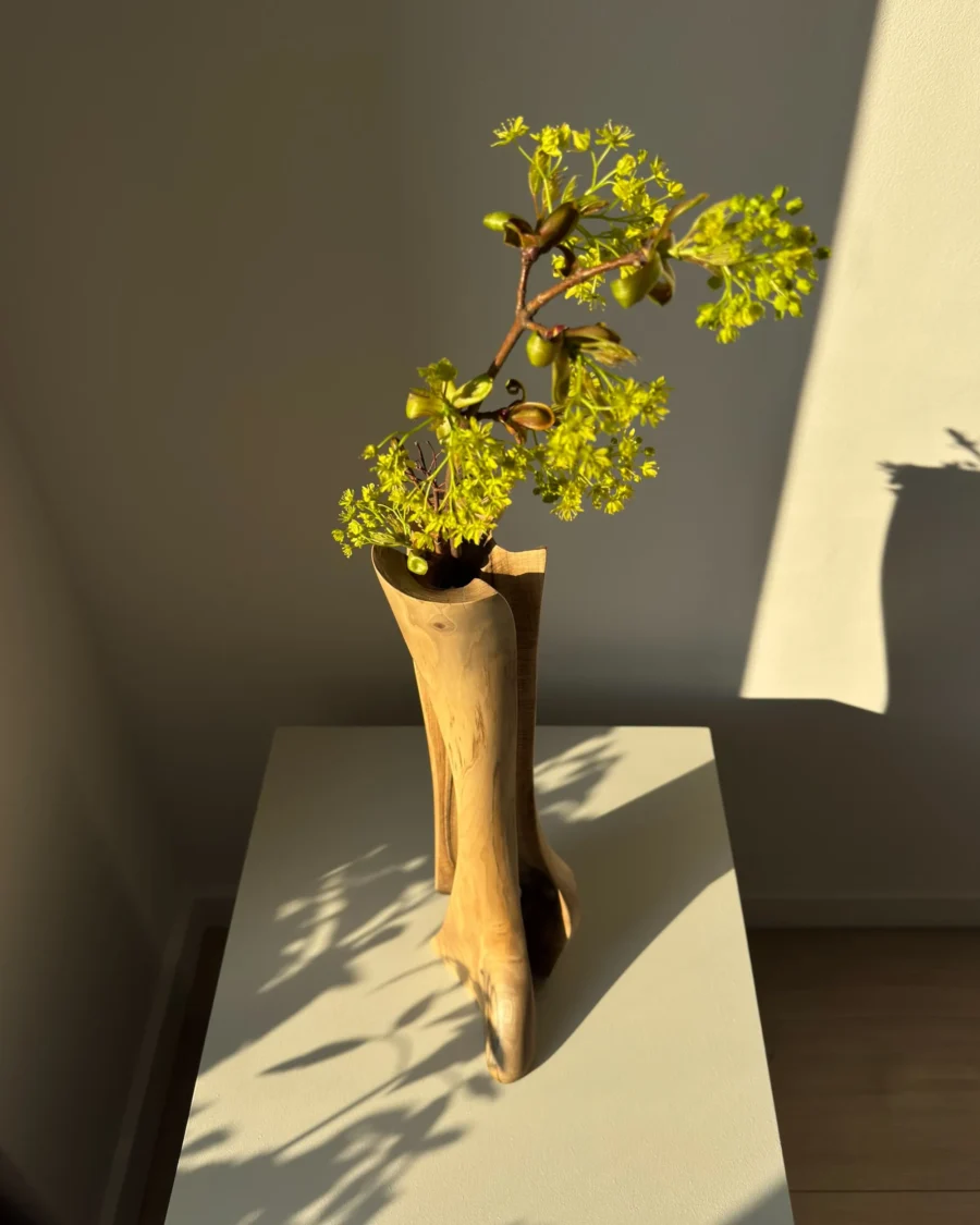 walnut-wood-vase-top-view-organic-form- flowers top view of walnut wood vase showing organic opening and inner carved structure