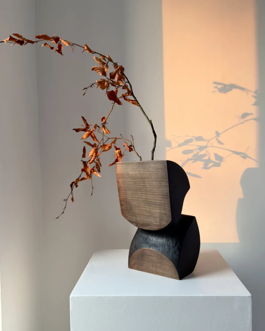 hand carved apple wood vase yakisugi charred interior sculptural form