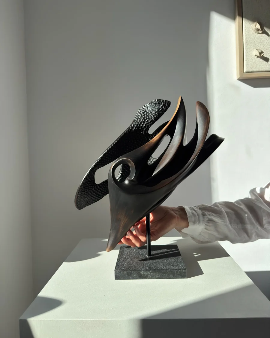 inner-tension-wood-sculpture-hand-scale Abstract wood sculpture held in hand, showing scale and form