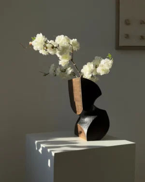 Organic modern wood vase illuminated by soft side sunlight