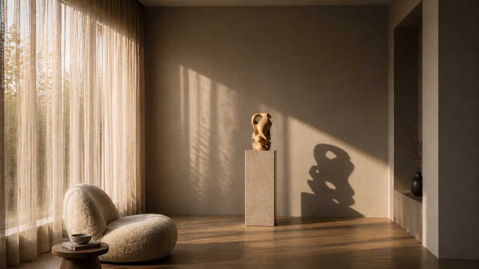 Hand-carved wooden sculpture displayed in a minimalist interior with natural side light and linen curtains