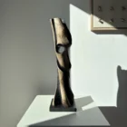 Hand-carved abstract wood sculpture “Noctivis” with black textured interior and natural wood grain on black granite base in sunlight.