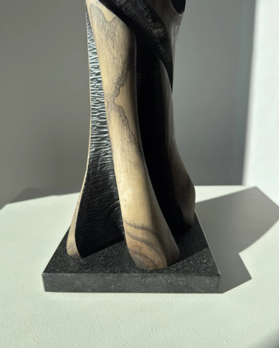 Detail of the lower section of “Noctivis” sculpture showing black textured carving, natural wood grain, and polished granite base.