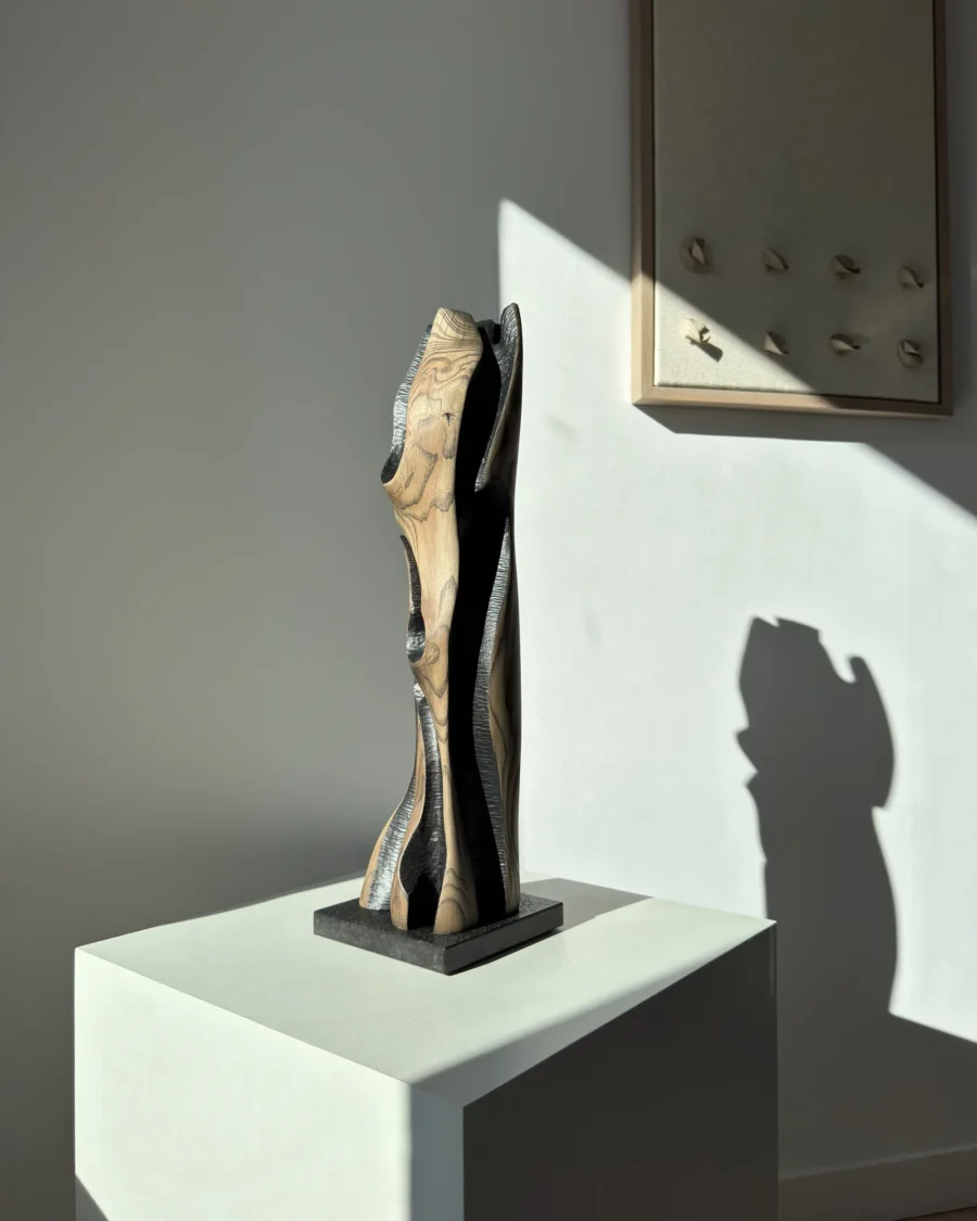 Minimalist abstract wood sculpture “Noctivis” displayed in soft natural sunlight with architectural shadow composition.