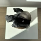 Top view of “Noctivis” abstract wooden sculpture revealing carved interior structure and textured black surfaces.