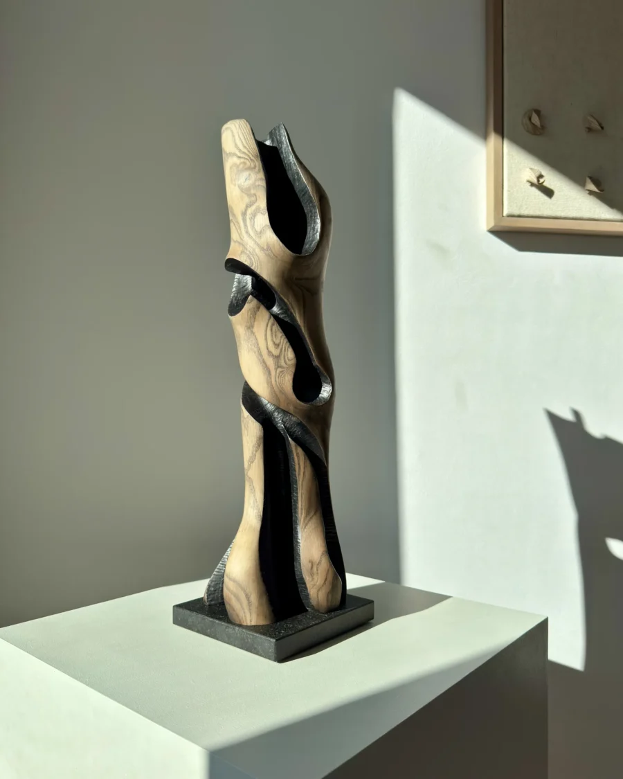 Side view of “Noctivis” abstract wooden sculpture showing sculptural shadow and flowing vertical form in natural light.