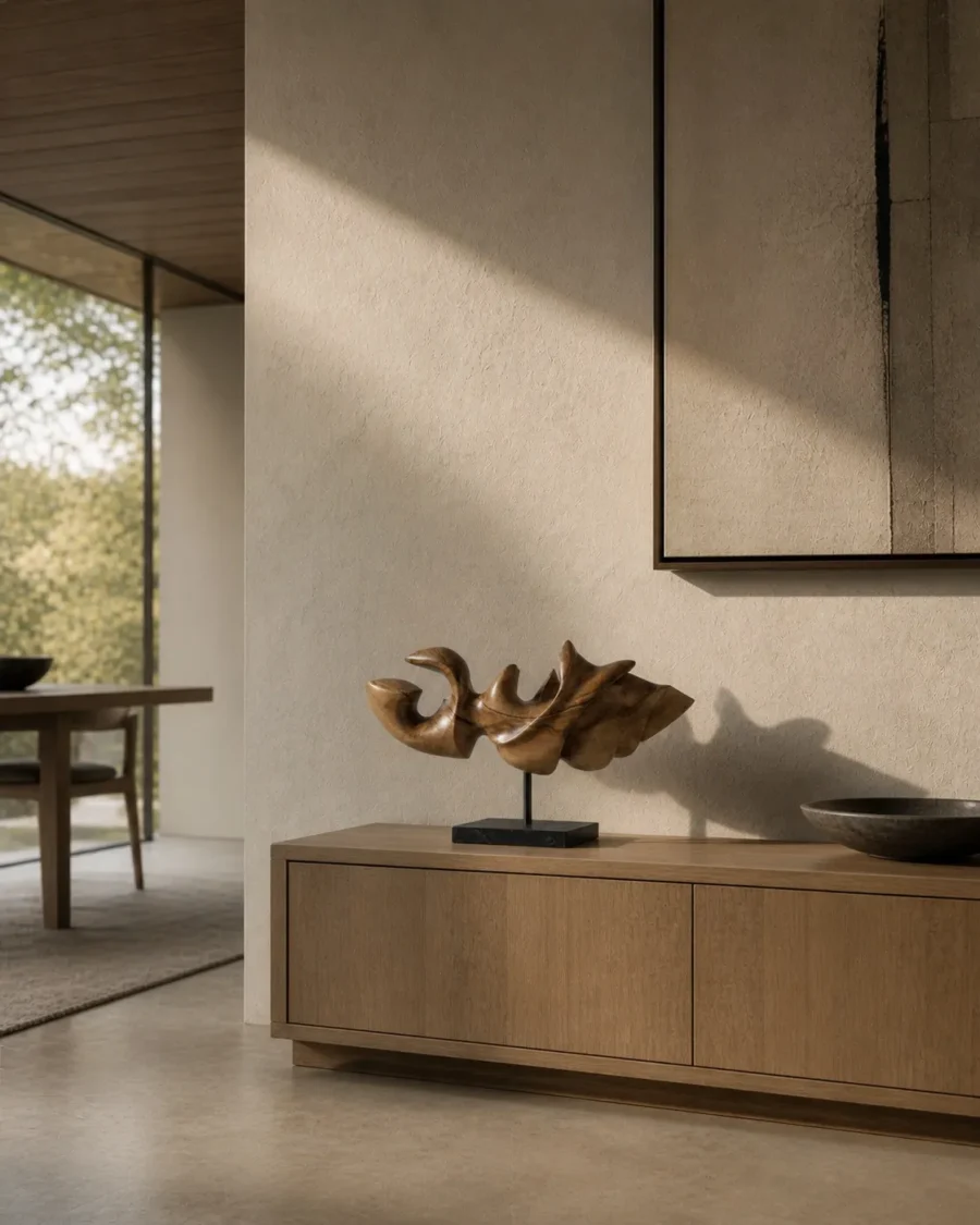 japandi style wood sculpture decor