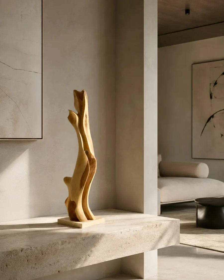 Rising Form hand carved applewood sculpture displayed in a contemporary minimalist interior with stone, natural light and warm neutral tones