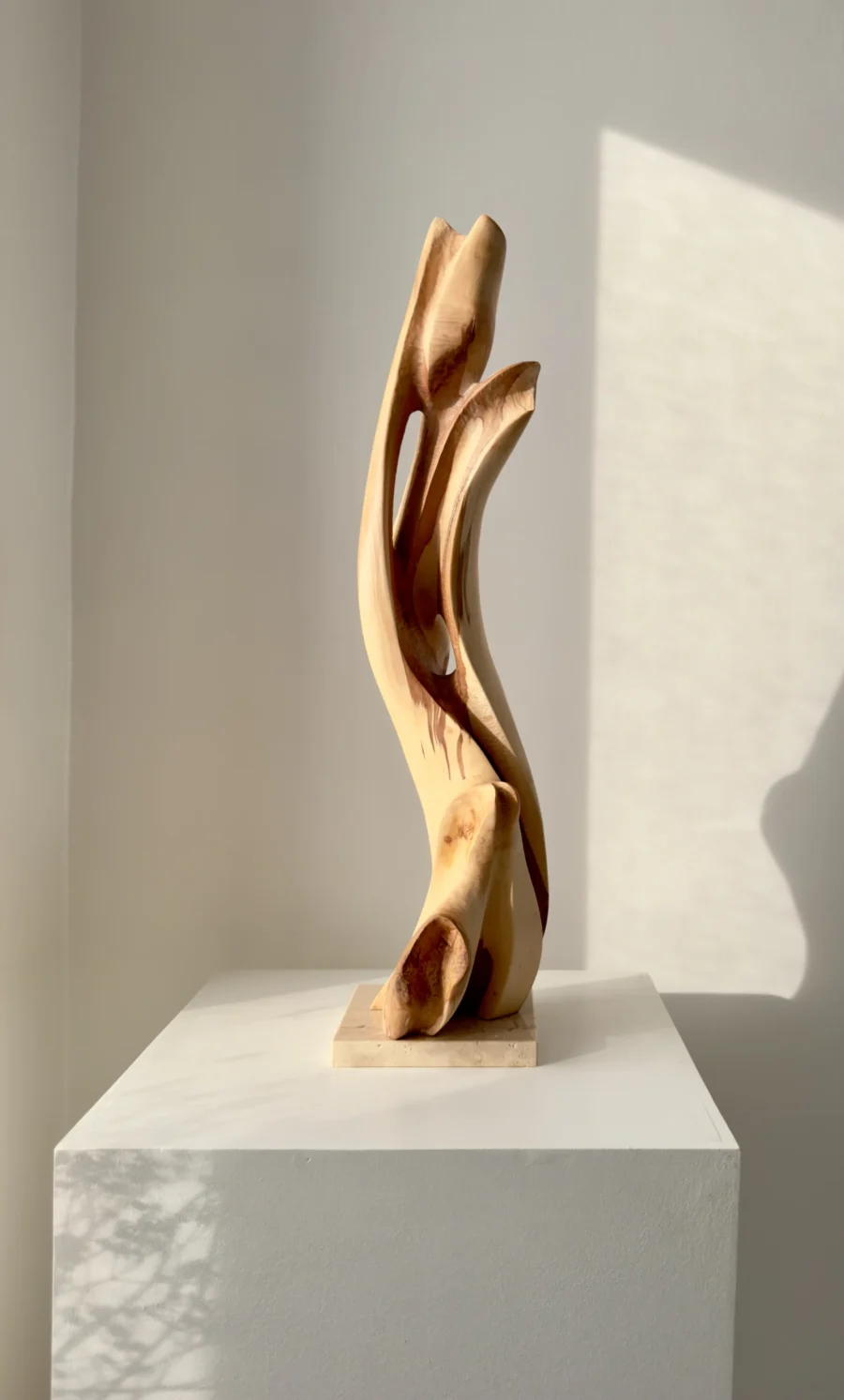 Rising Form contemporary wooden sculpture displayed in natural sunlight