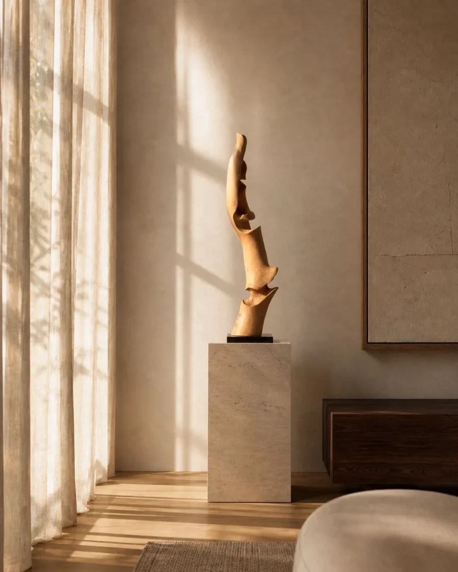 Apple wood sculpture “Soul of the Tree” displayed on a stone pedestal in a sunlit minimalist interior with linen curtains and natural shadows