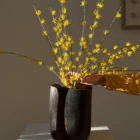 Hand carved walnut vessel with decorative yellow branches in calm interior setting