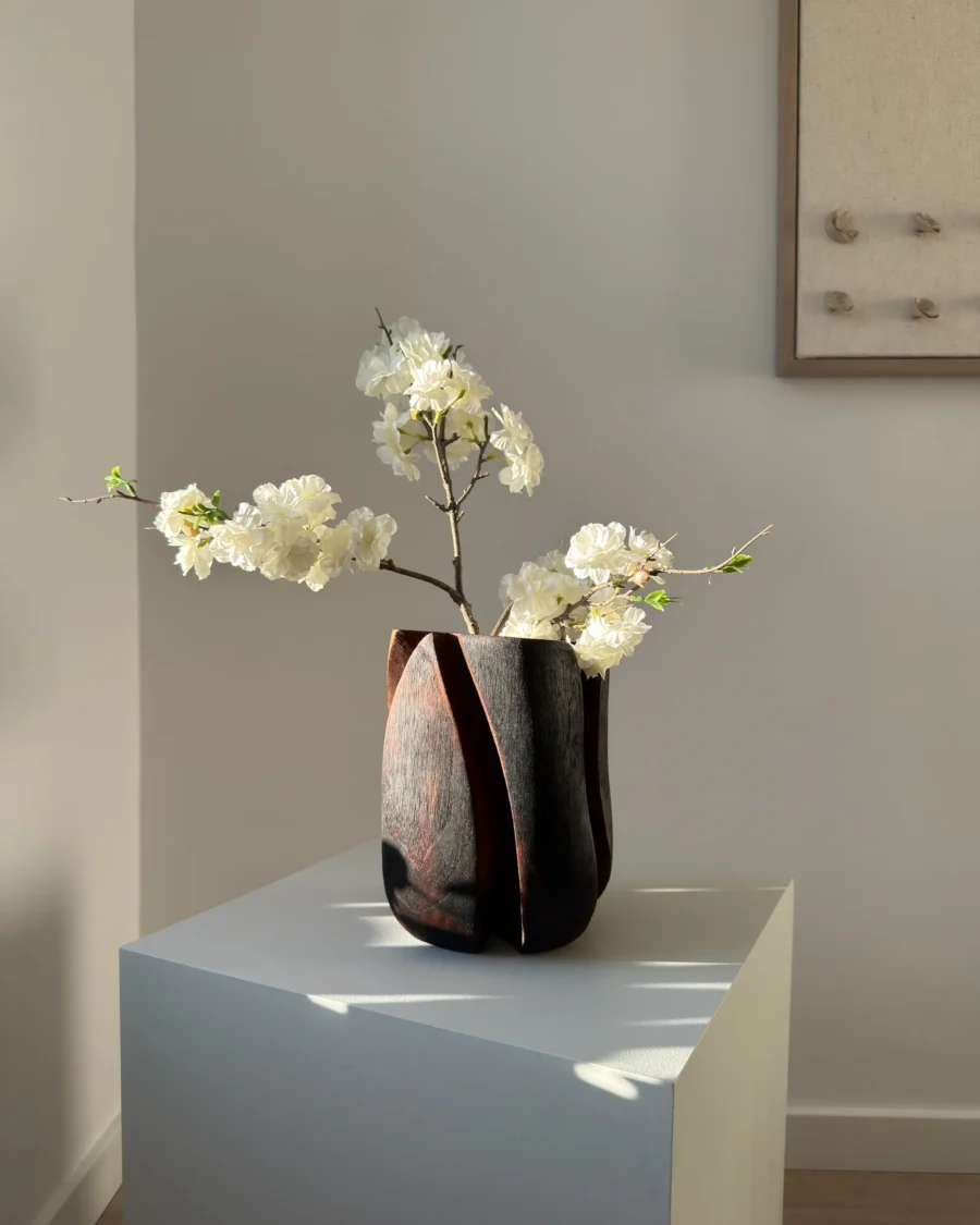 Minimalist sculptural wood vase for Japandi and modern organic interiors