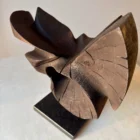trace-of-fire-asymmetrical-form-front Side angle of hand-carved walnut sculpture “Trace of Fire” revealing layered organic curves and dark matte finish.