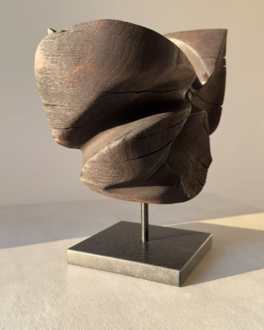 trace-of-fire-back-view-sculpture Back view of “Trace of Fire” abstract walnut sculpture highlighting flowing carved forms and sculptural depth.