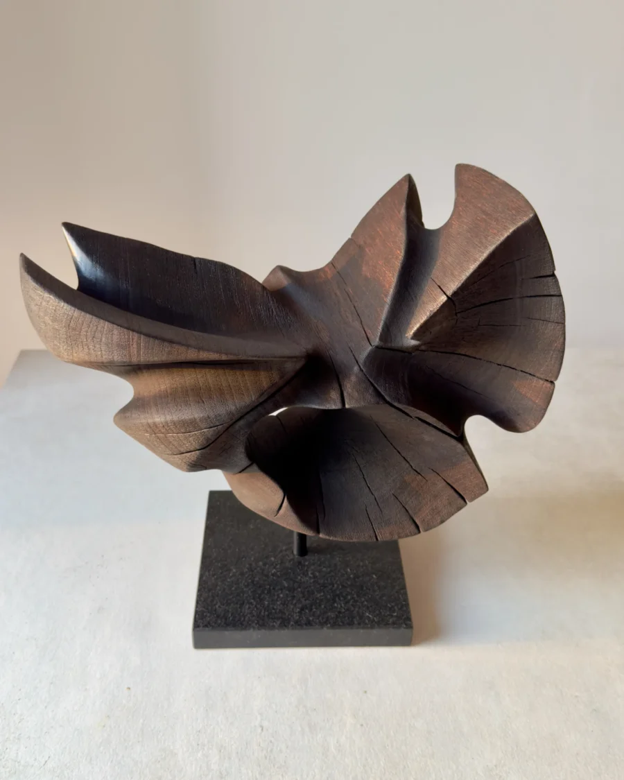 trace-of-fire-side-angle-walnut-sculpture Abstract walnut wood sculpture “Trace of Fire” photographed from the front with asymmetrical organic wings and natural cracks.
