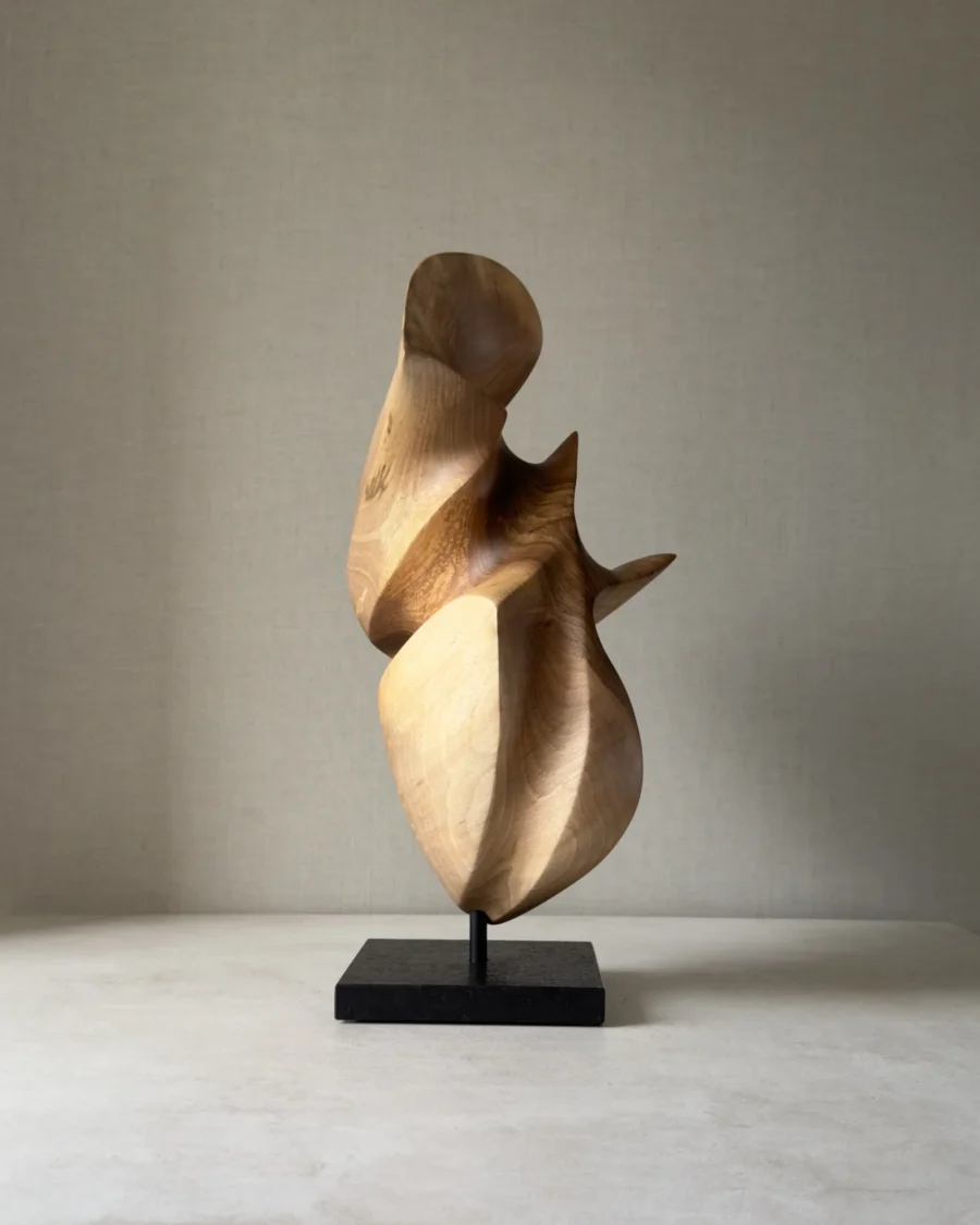wood-sculpture-light-shadow-virella walnut wood sculpture interplay of light and shadow abstract form