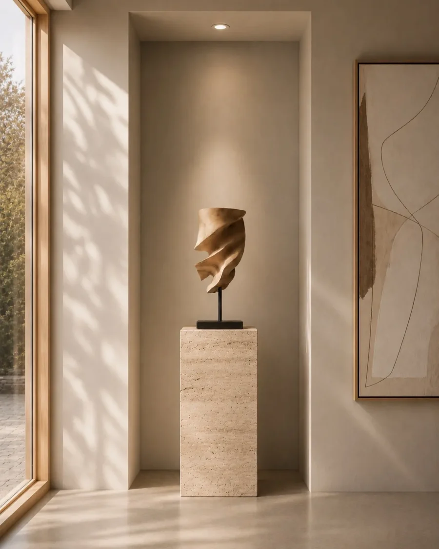 Breath of Fire hand-carved walnut wood sculpture displayed on a travertine pedestal in a contemporary gallery-inspired interior