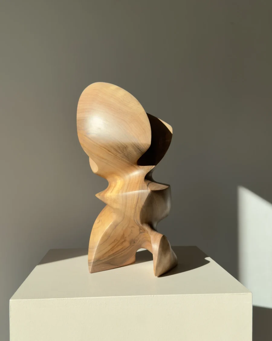 Side view of Aureon abstract walnut sculpture in sunlight, highlighting curved planes, shadows and warm walnut tones.