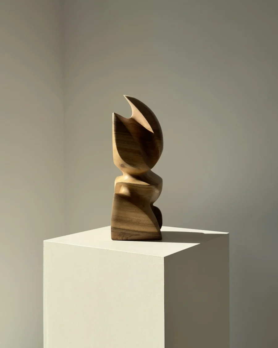 Hand-carved walnut wood sculpture Aureon shown from the front in warm natural light, with smooth organic curves and deep shadows.