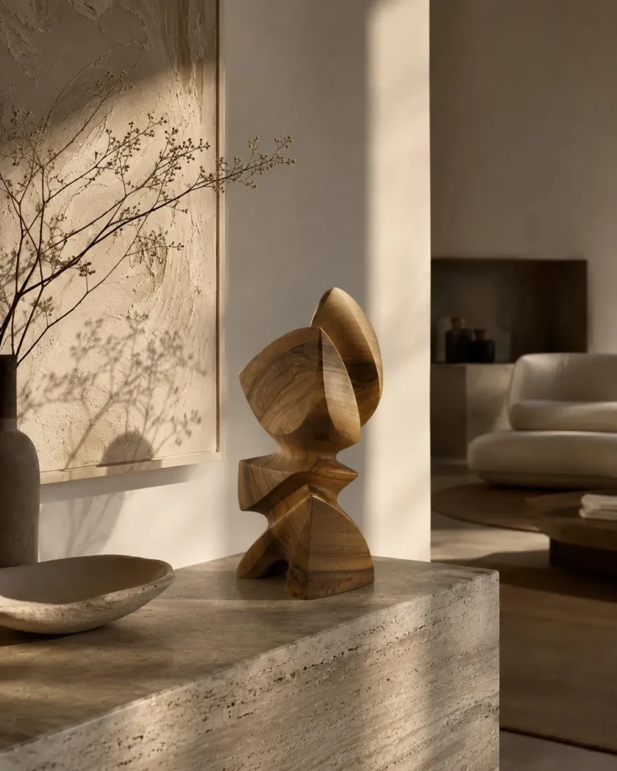 Aureon hand-carved walnut wood sculpture displayed in a warm organic modern interior with natural light and travertine console.