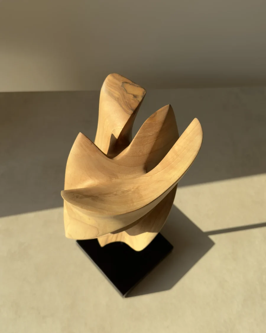 Close-up of Breath of Fire walnut sculpture revealing layered curves and natural light
