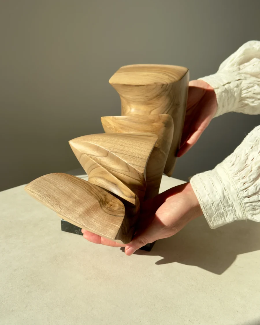 confluence-organic-walnut-wood-sculpture-scale-photo-4 Side view of Confluence walnut wood sculpture shown in hands highlighting its flowing organic form.