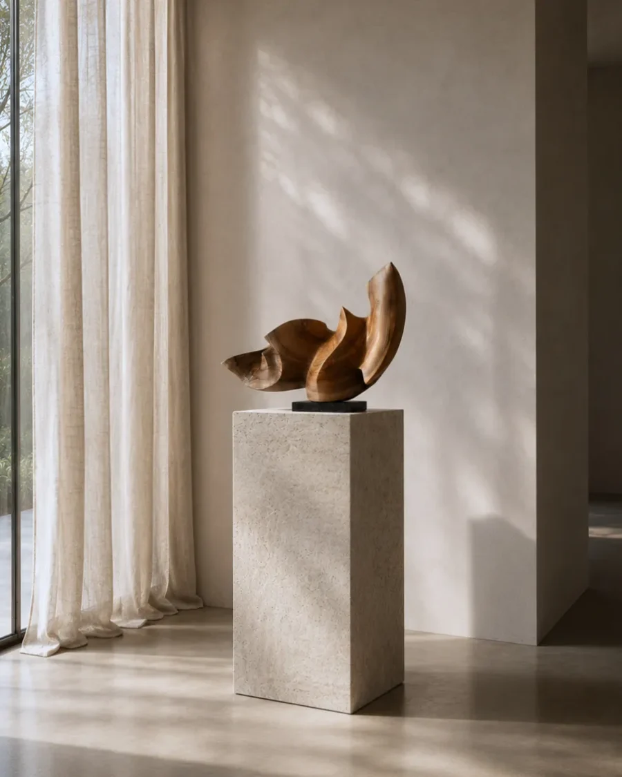 confluence-walnut-wood-sculpture 2 Confluence hand-carved walnut wood sculpture displayed in an organic modern interior with natural light and a stone pedestal.