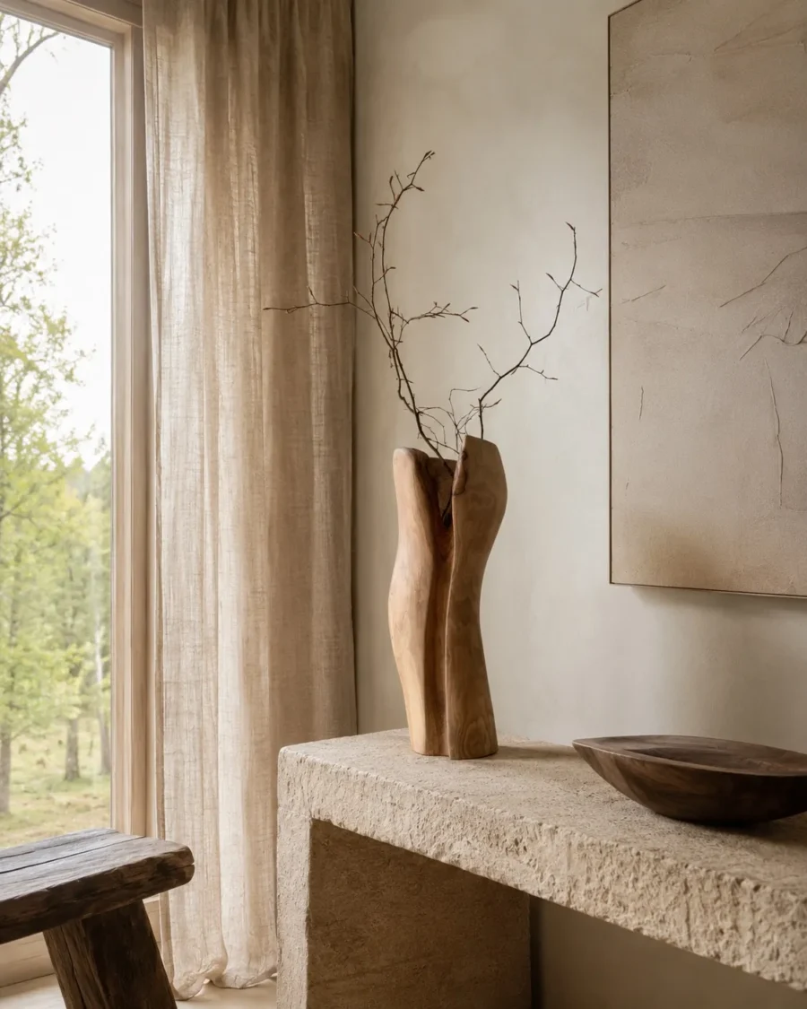 dualis-walnut-vase-modern-organic-interior Dualis hand-carved walnut vase displayed in a modern organic interior with natural light, linen curtains and minimalist décor.