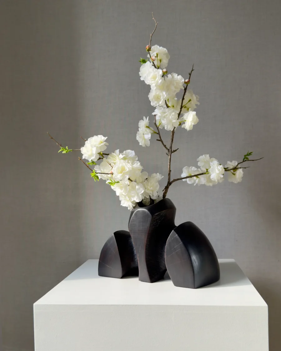 gathering-cherry-wood-vase-front-view Front view of Gathering hand carved cherry wood vase with yakisugi surface