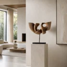 quiet-span-walnut-wood-sculpture-modern-interior Quiet Span abstract walnut wood sculpture in a calm contemporary interior with natural light.