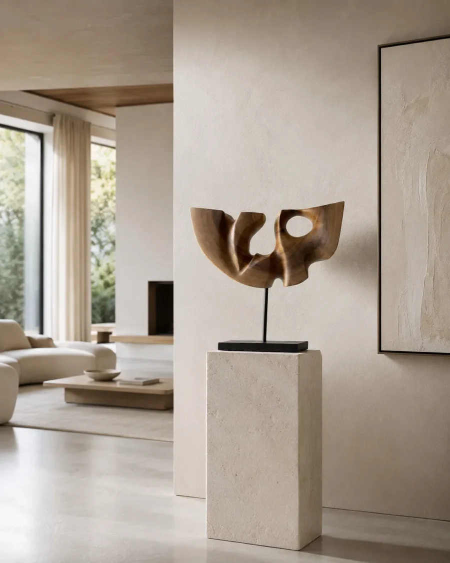 quiet-span-walnut-wood-sculpture-modern-interior Quiet Span abstract walnut wood sculpture in a calm contemporary interior with natural light.