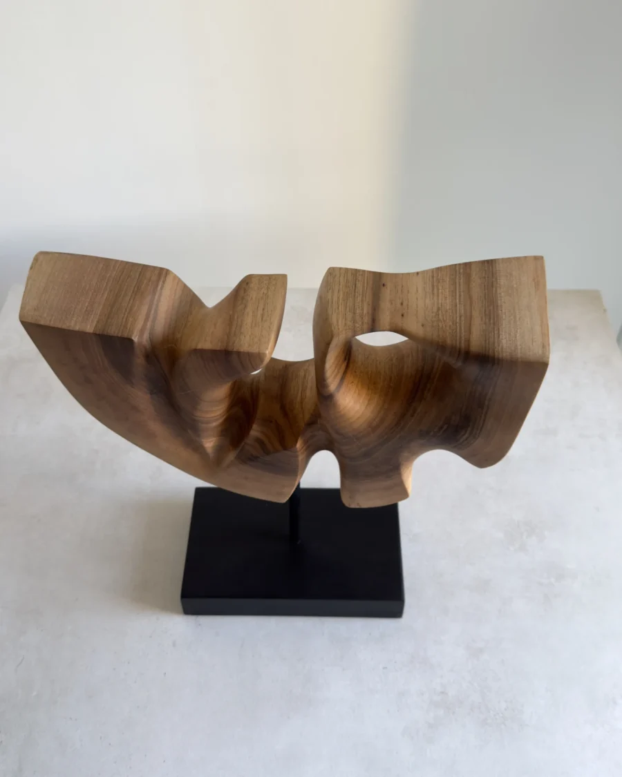 quiet-span-walnut-wood-sculpture-top-view Top view of Quiet Span abstract walnut wood sculpture revealing its sculpted curves and flowing grain.