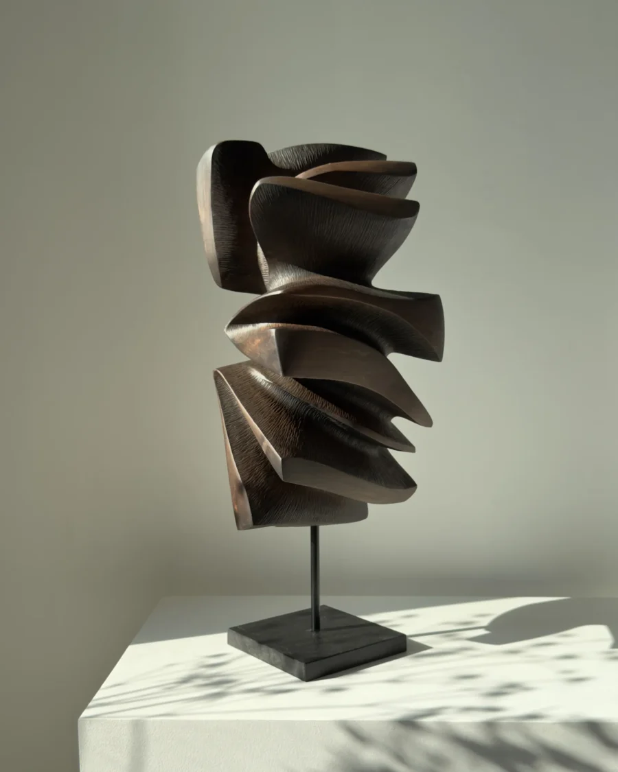 Shaped by Silence hand-carved apple wood sculpture on granite base viewed from the front in natural light.