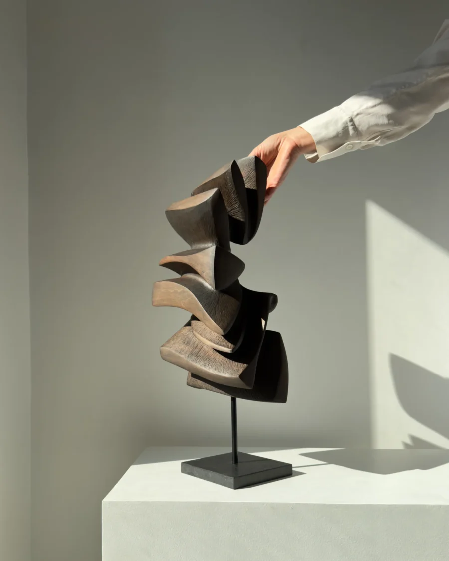 Abstract apple wood sculpture Shaped by Silence displayed in natural sunlight on a granite base.