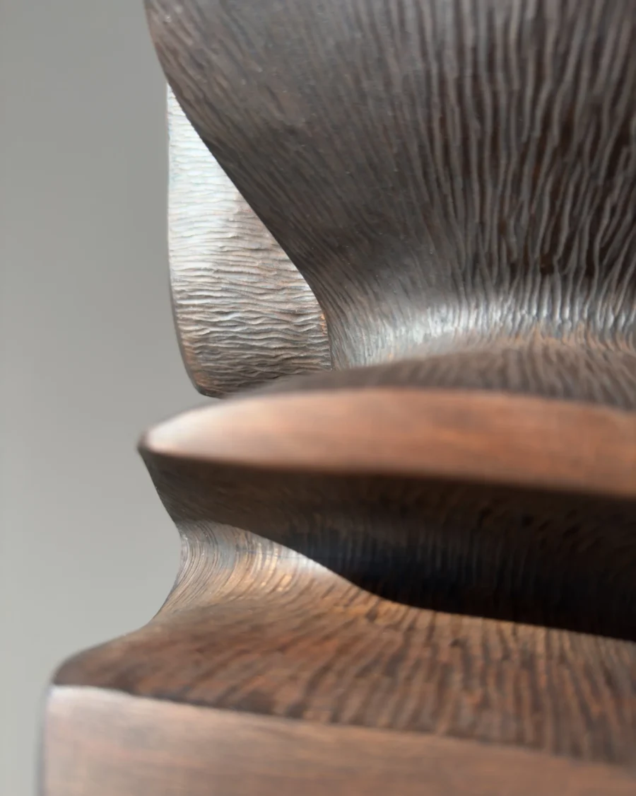 Close-up detail of hand-carved textures on Shaped by Silence apple wood sculpture.