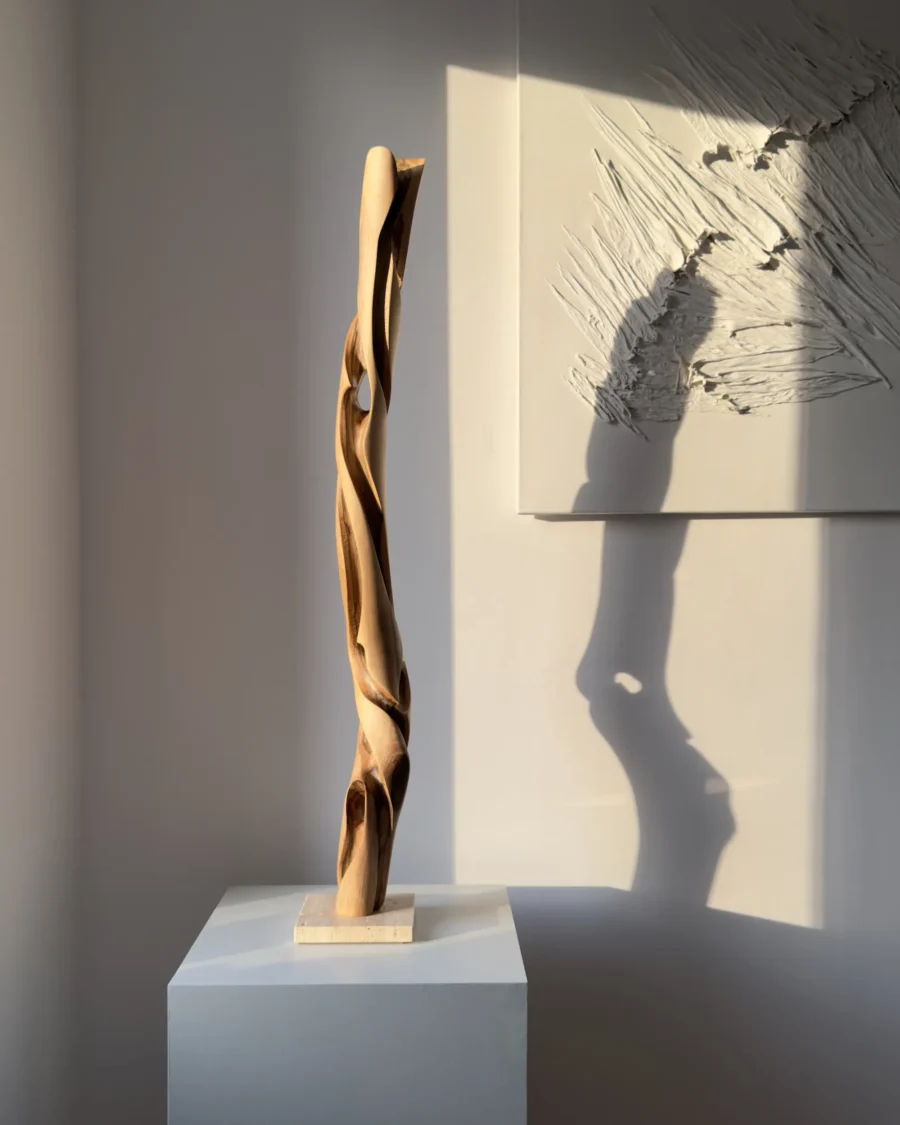 silent-axis-sculpture-profile-shadow Profile view of Silent Axis abstract walnut sculpture casting a dramatic shadow in natural sunlight