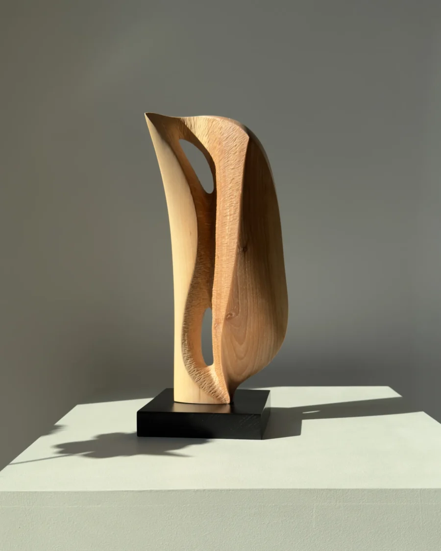 Side view of Veil of Air abstract apple wood sculpture with flowing curved form